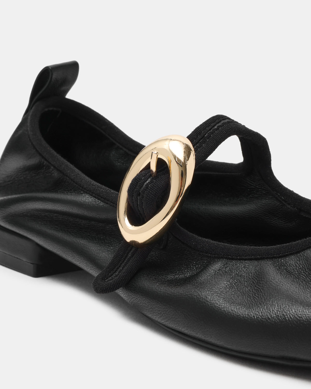 DAFFIA Black Leather Mary Jane Gold-Detail Buckle Ballet Women's Flat | Steve Madden