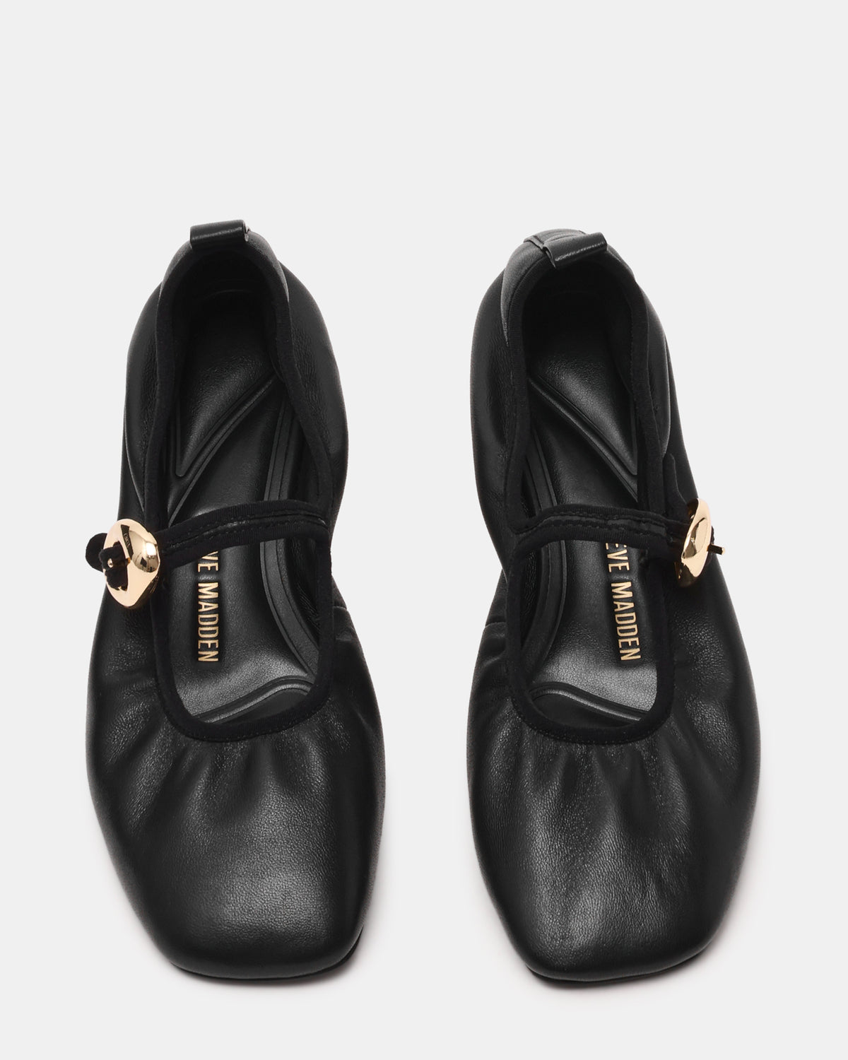 DAFFIA Black Leather Mary Jane Gold-Detail Buckle Ballet Women's Flat | Steve Madden