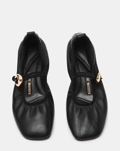 DAFFIA Black Leather Mary Jane Gold-Detail Buckle Ballet Women's Flat | Steve Madden