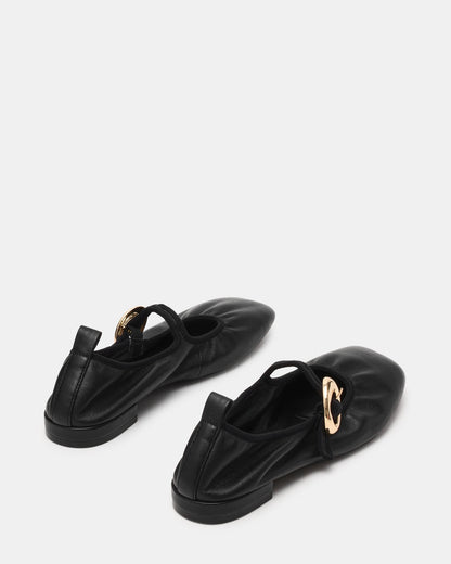 DAFFIA Black Leather Mary Jane Gold-Detail Buckle Ballet Women's Flat | Steve Madden