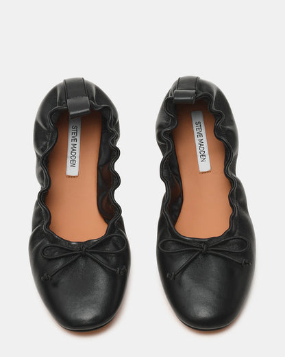 LANTI Black Leather Bow Round-Toe Women's Flat | Steve Madden