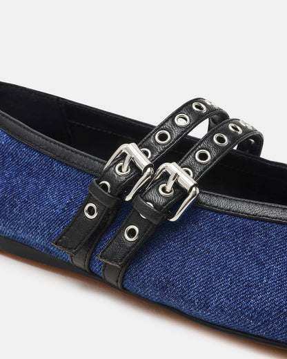 LYDIA Cap Black Denim Mary Jane Ballet Women's Flat | Steve Madden