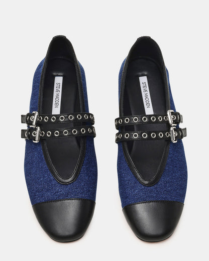 LYDIA Cap Black Denim Mary Jane Ballet Women's Flat | Steve Madden