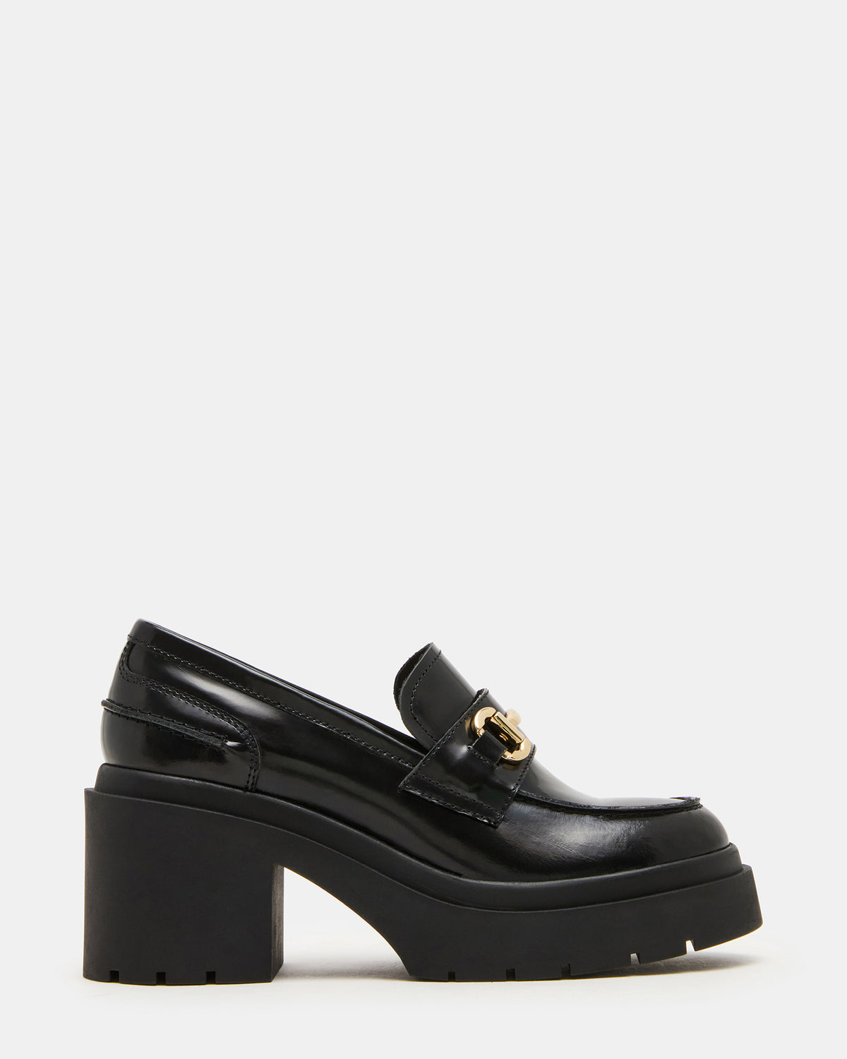 LAZRA Black Platform Lug Block Heel Women's Loafer | Steve Madden