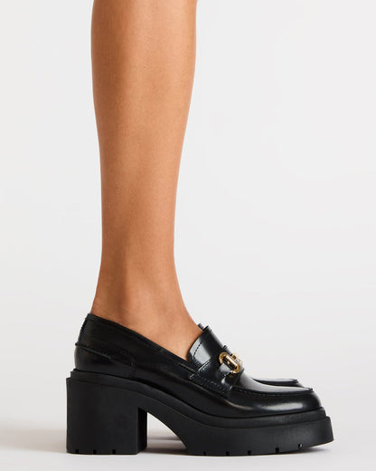 LAZRA Black Platform Lug Block Heel Women's Loafer | Steve Madden