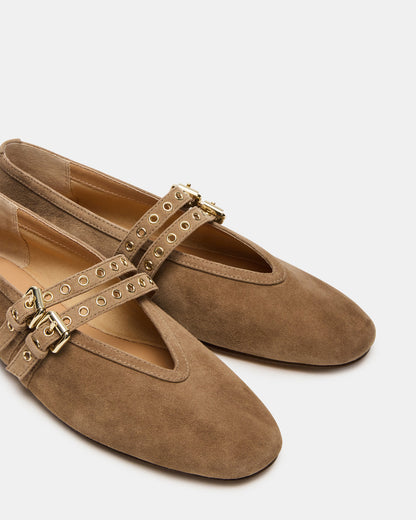 LYDIA Taupe Suede Square-Toe Mary Jane Ballet Women's Flat | Steve Madden