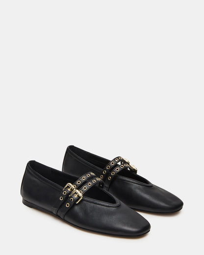LYDIA Black Leather Square-Toe Mary Jane Ballet Women's Flat | Steve Madden