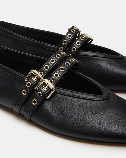 LYDIA Black Leather Square-Toe Mary Jane Ballet Women's Flat | Steve Madden
