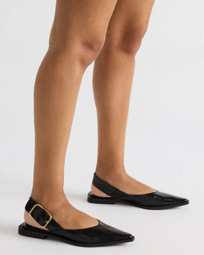 SHAY Black Leather Pointed-Toe Slingback Ballet Women's Flat | Steve Madden