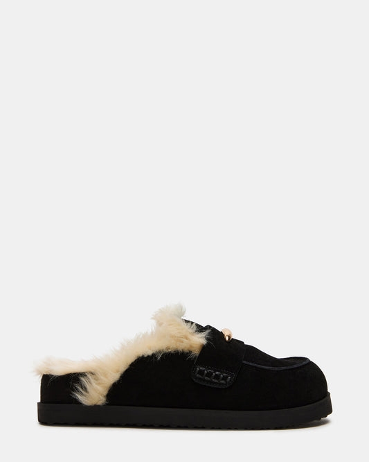 TOBIN Faux Fur Black Suede Slip-On Mule Women's Flat | Steve Madden