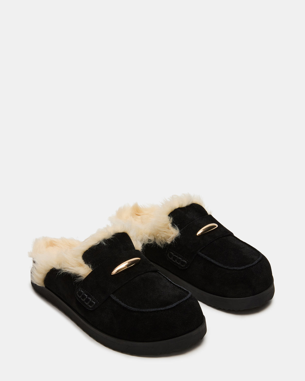 TOBIN Faux Fur Black Suede Slip-On Mule Women's Flat | Steve Madden
