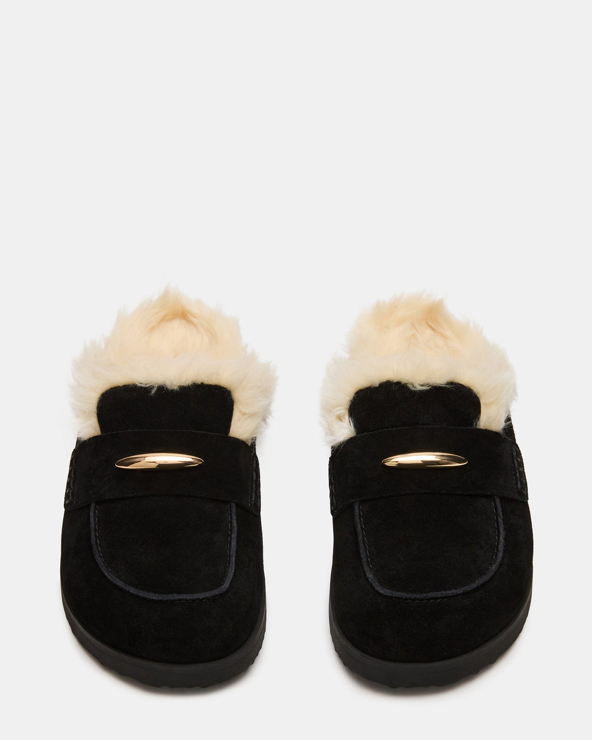 TOBIN Faux Fur Black Suede Slip-On Mule Women's Flat | Steve Madden