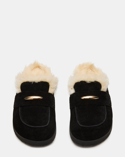 TOBIN Faux Fur Black Suede Slip-On Mule Women's Flat | Steve Madden