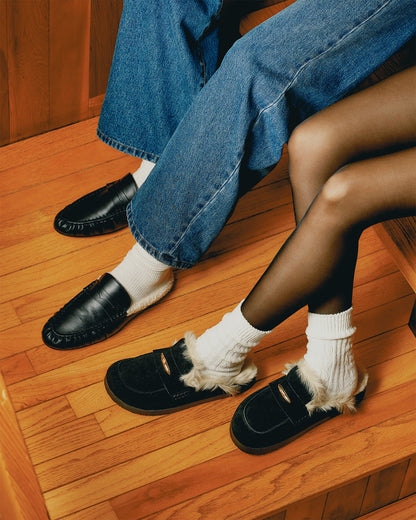 TOBIN Faux Fur Black Suede Slip-On Mule Women's Flat | Steve Madden