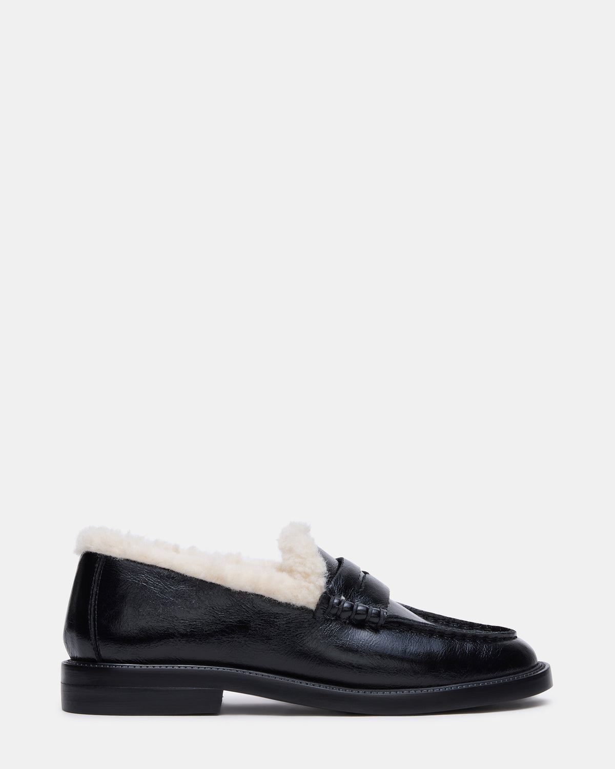 MADISON Faux Fur Black Leather Women's Penny Loafer | Steve Madden