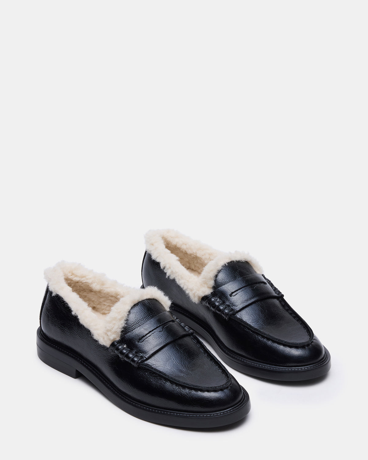 MADISON Faux Fur Black Leather Women's Penny Loafer | Steve Madden