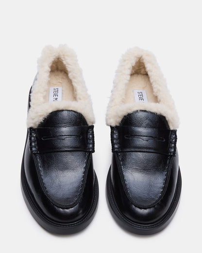 MADISON Faux Fur Black Leather Women's Penny Loafer | Steve Madden