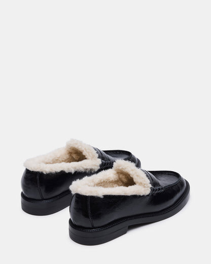 MADISON Faux Fur Black Leather Women's Penny Loafer | Steve Madden