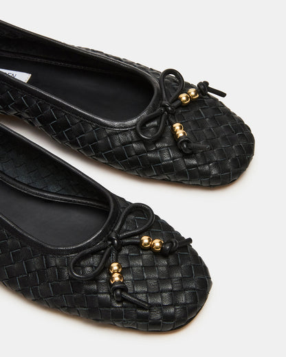 DIVY Black Leather Woven Bow Ballet Round-Toe Women's Flat | Steve Madden