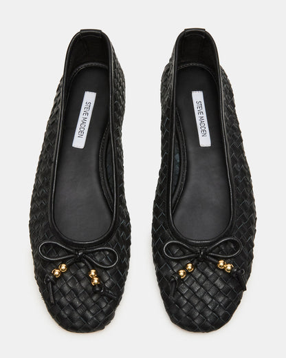 DIVY Black Leather Woven Bow Ballet Round-Toe Women's Flat | Steve Madden