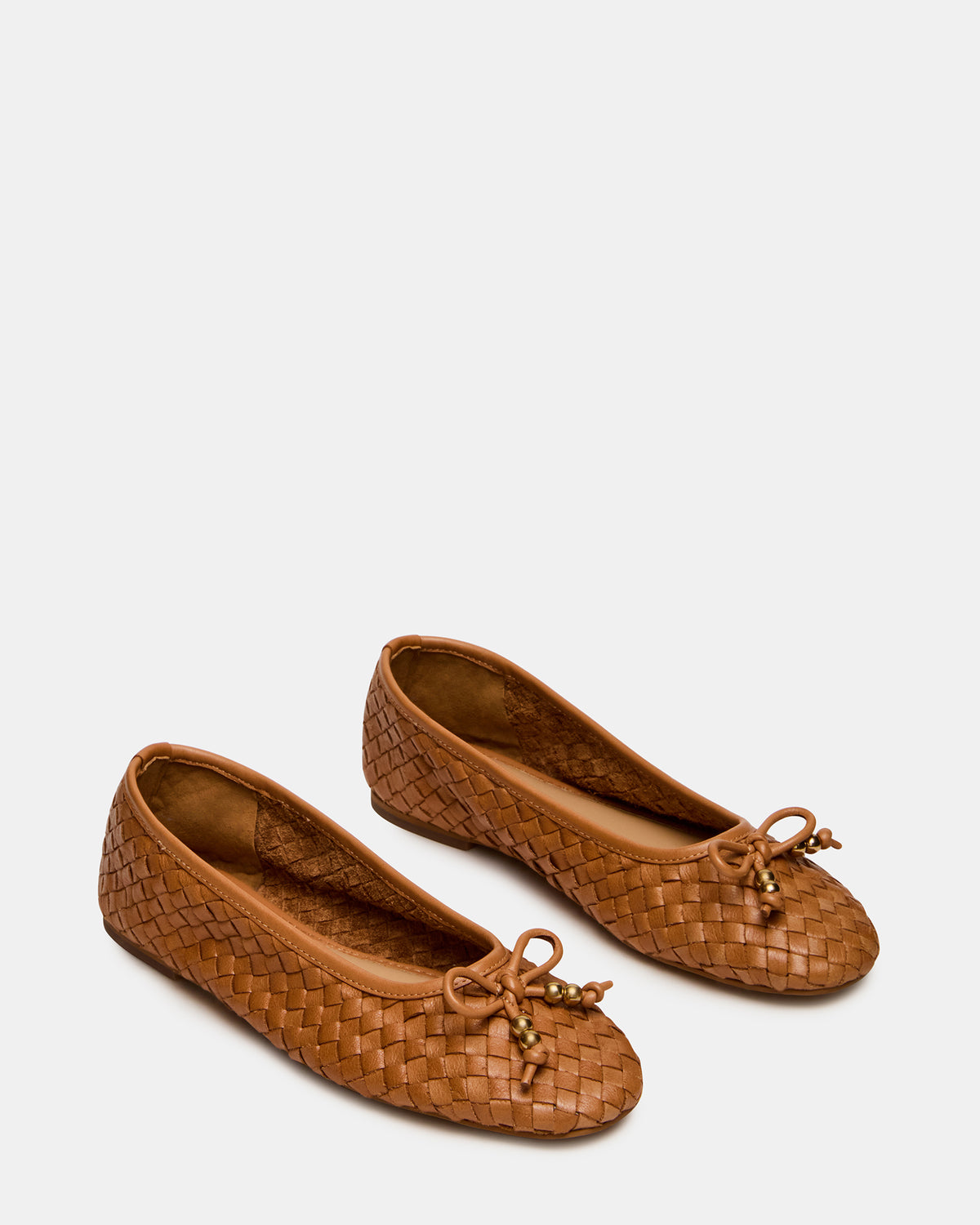 DIVY Cognac Leather Woven Bow Ballet Round-Toe Women's Flat | Steve Madden