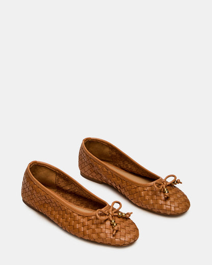 DIVY Cognac Leather Woven Bow Ballet Round-Toe Women's Flat | Steve Madden