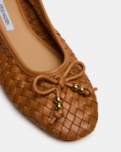 DIVY Cognac Leather Woven Bow Ballet Round-Toe Women's Flat | Steve Madden