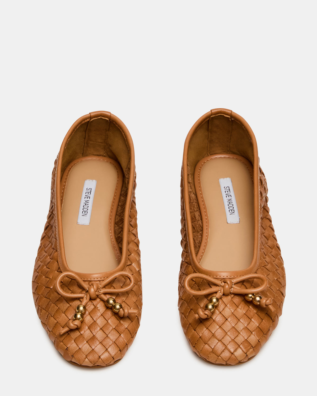 DIVY Cognac Leather Woven Bow Ballet Round-Toe Women's Flat | Steve Madden