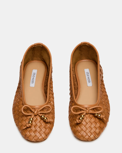 DIVY Cognac Leather Woven Bow Ballet Round-Toe Women's Flat | Steve Madden