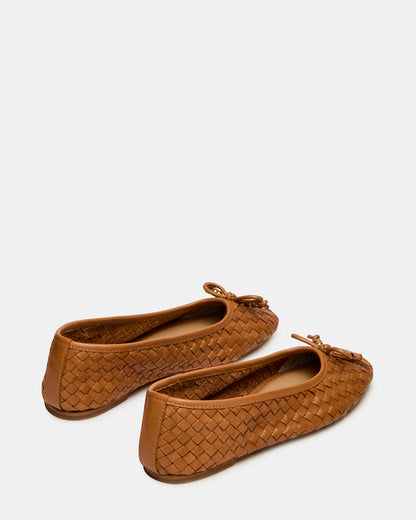 DIVY Cognac Leather Woven Bow Ballet Round-Toe Women's Flat | Steve Madden
