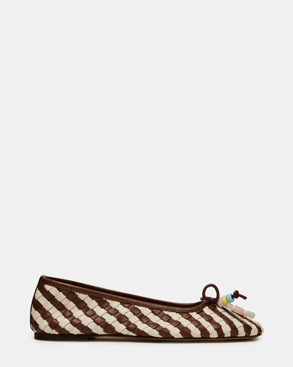 DIVY White/Brown Leather Woven Bow Ballet Round-Toe Women's Flat | Steve Madden