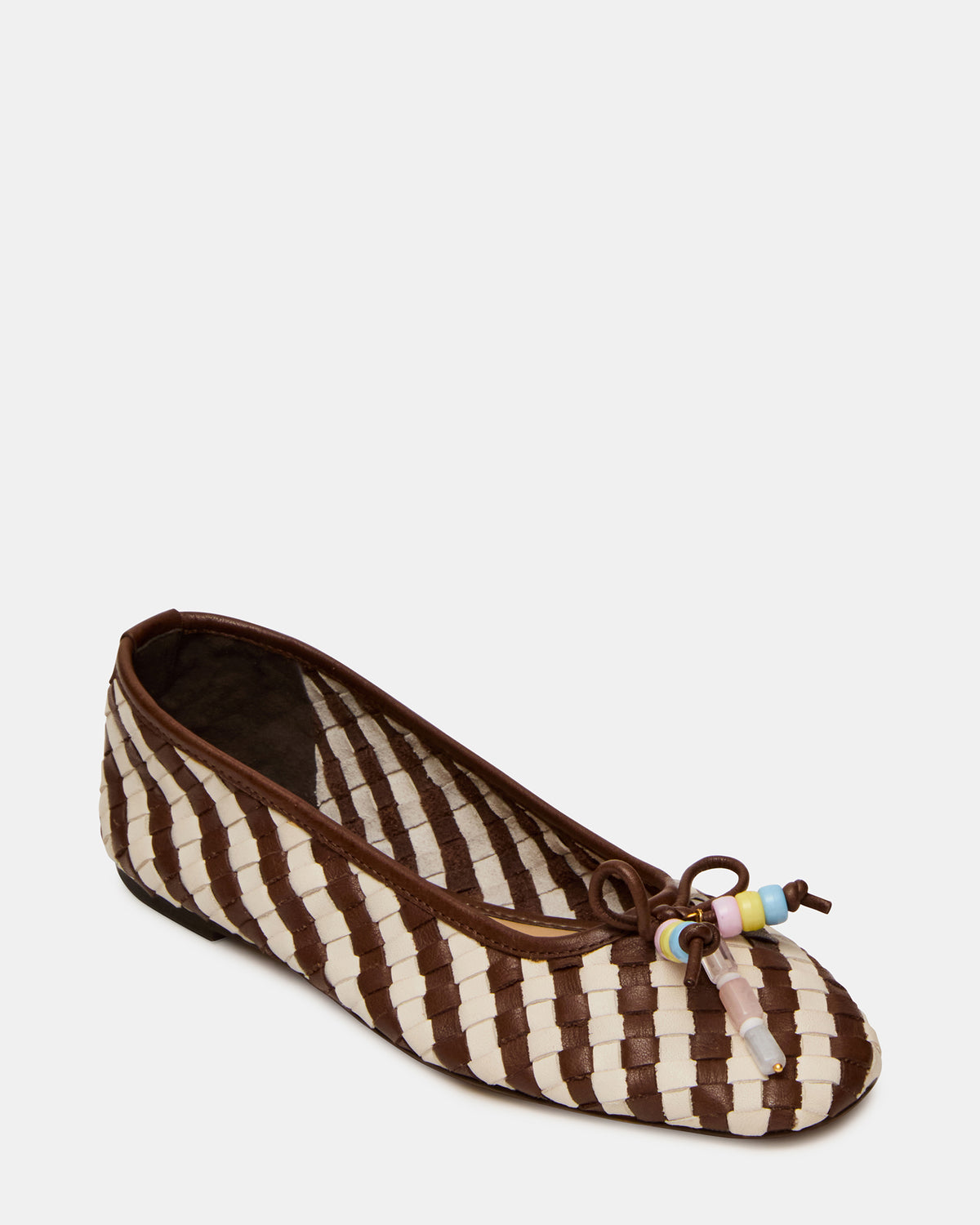 DIVY White/Brown Leather Woven Bow Ballet Round-Toe Women's Flat | Steve Madden