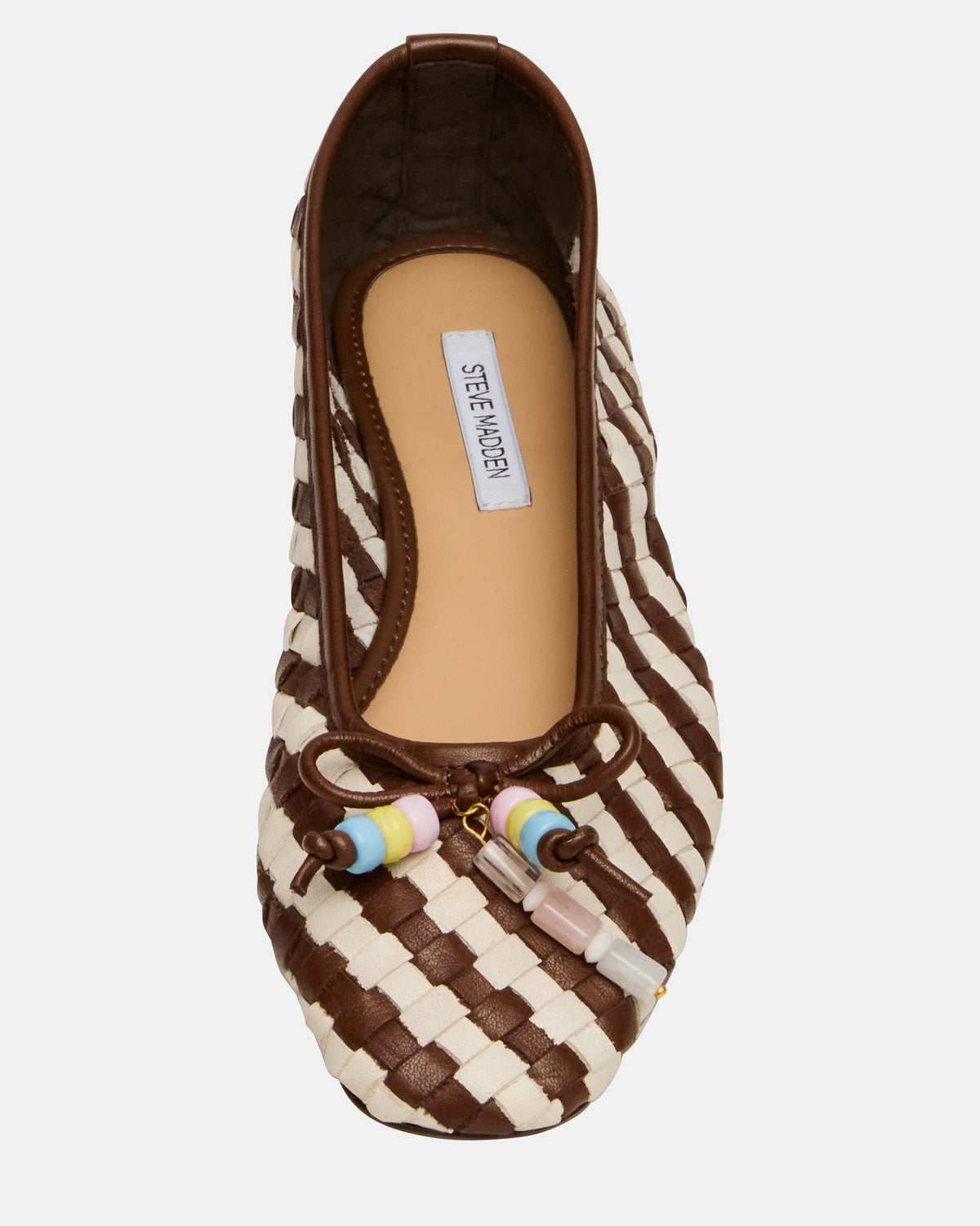 DIVY White/Brown Leather Woven Bow Ballet Round-Toe Women's Flat | Steve Madden