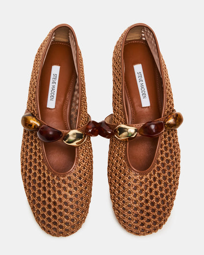 POPPIN Brown Raffia Mary Jane Ballet Women's Flat | Steve Madden