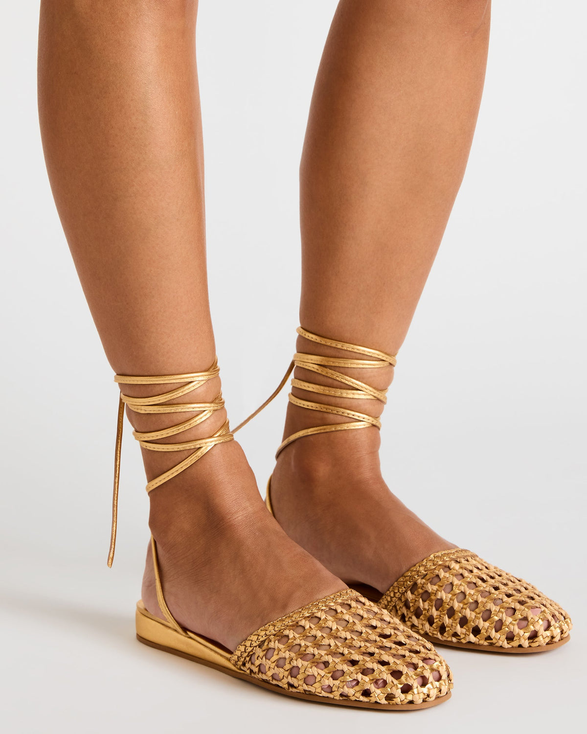 FLUTTER Gold Woven Mule Leg-Ties Strappy Women's Flat | Steve Madden