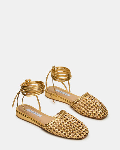 FLUTTER Gold Woven Mule Leg-Ties Strappy Women's Flat | Steve Madden