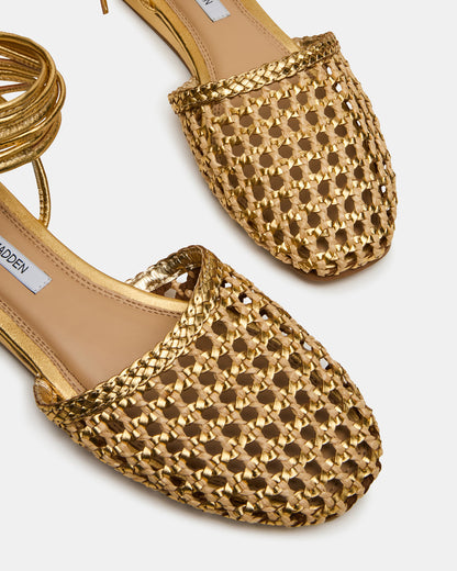 FLUTTER Gold Woven Mule Leg-Ties Strappy Women's Flat | Steve Madden