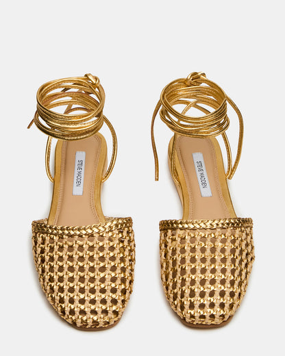 FLUTTER Gold Woven Mule Leg-Ties Strappy Women's Flat | Steve Madden
