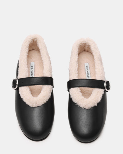 LODGE Black Leather Mary Jane Round-Toe Women's Flat | Steve Madden