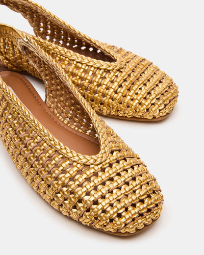 RUMI Gold Leather Woven Slingback Round-Toe Women's Flat | Steve Madden