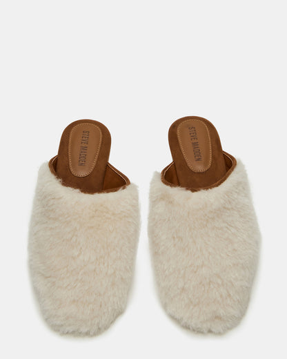 PEARSON Faux Fur Cream Rounded-Toe Slip-On Women's Flat | Steve Madden