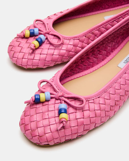 DIVY Pink Leather Woven Bow Ballet Round-Toe Women's Flat | Steve Madden