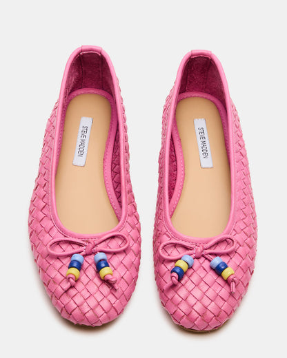 DIVY Pink Leather Woven Bow Ballet Round-Toe Women's Flat | Steve Madden