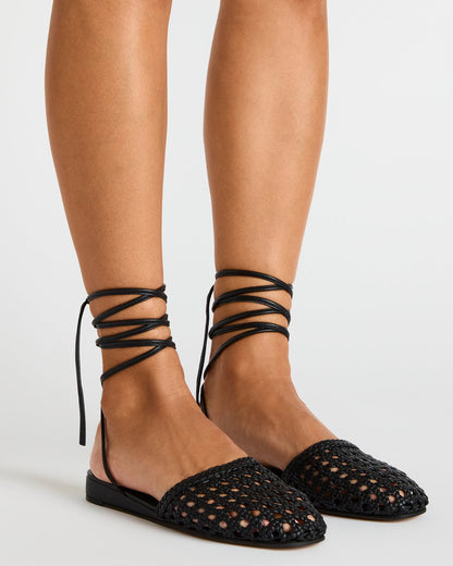 FLUTTER Black Leather Woven Mule Leg-Ties Strappy Women's Flat | Steve Madden