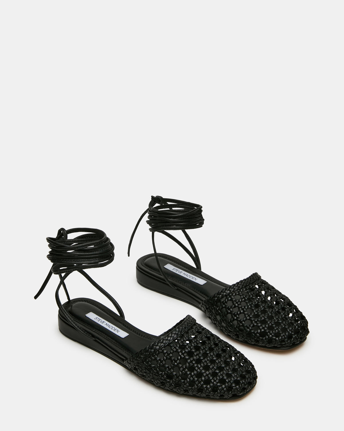 FLUTTER Black Leather Woven Mule Leg-Ties Strappy Women's Flat | Steve Madden