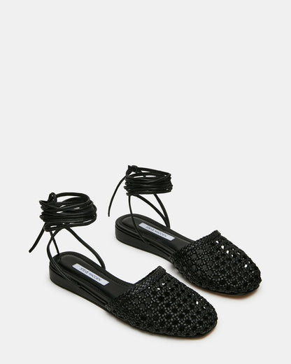 FLUTTER Black Leather Woven Mule Leg-Ties Strappy Women's Flat | Steve Madden