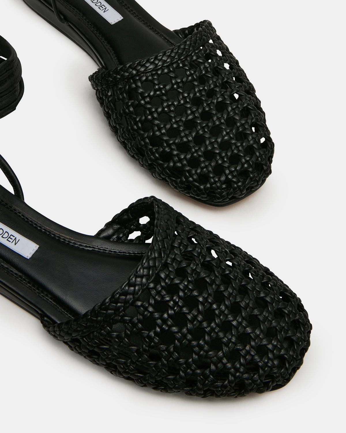 FLUTTER Black Leather Woven Mule Leg-Ties Strappy Women's Flat | Steve Madden