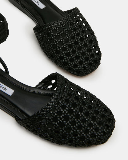 FLUTTER Black Leather Woven Mule Leg-Ties Strappy Women's Flat | Steve Madden