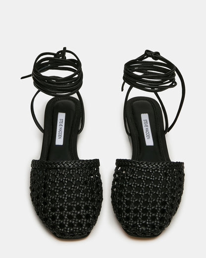 FLUTTER Black Leather Woven Mule Leg-Ties Strappy Women's Flat | Steve Madden