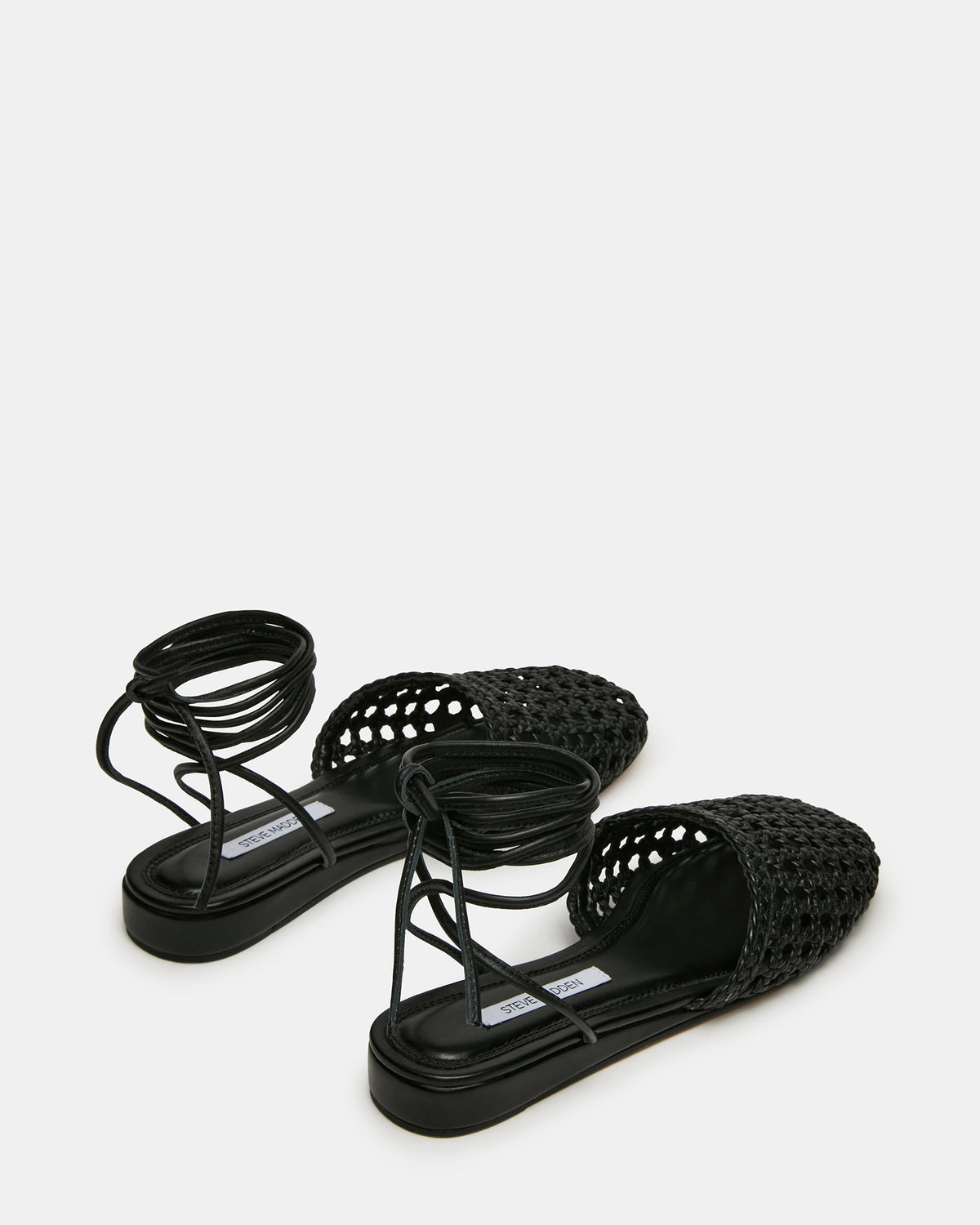 FLUTTER Black Leather Woven Mule Leg-Ties Strappy Women's Flat | Steve Madden